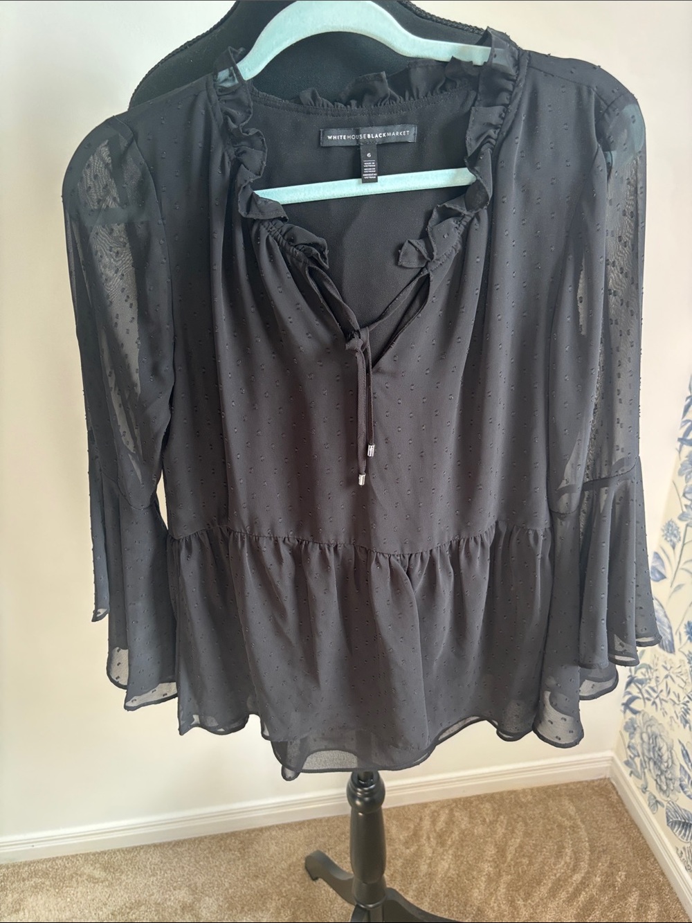 White House Black Market Black Sheer Ruffle Tie-Neck Peplum Top